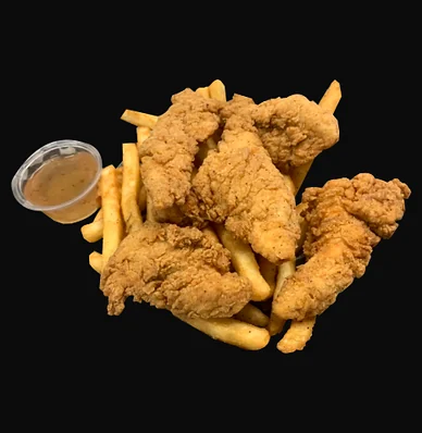 Breaded chicken strips with fries and a cup of plum sauce