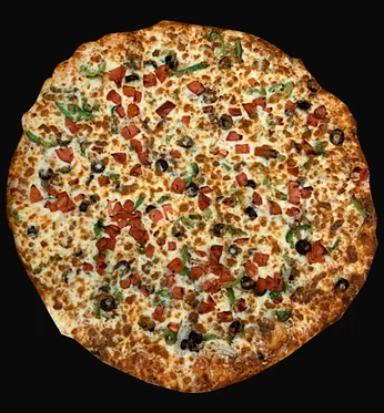 Greek pizza topped with tomato, black olives, green peppers and cheese