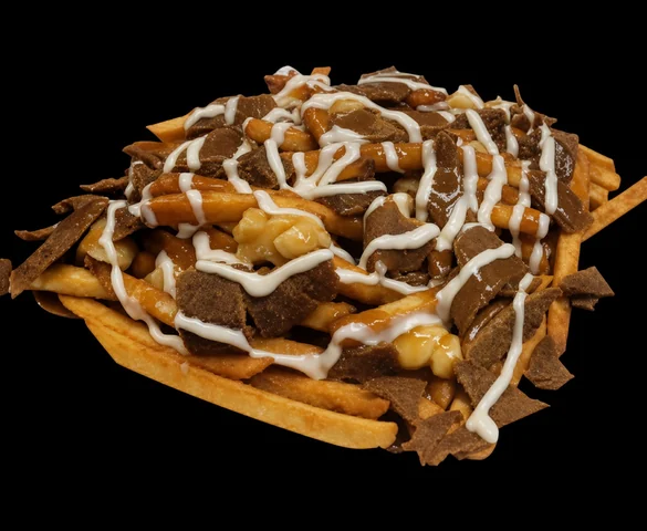 Donair poutine: fries with gravy, cheese curds, donair beef and a drizzle of sweet sauce